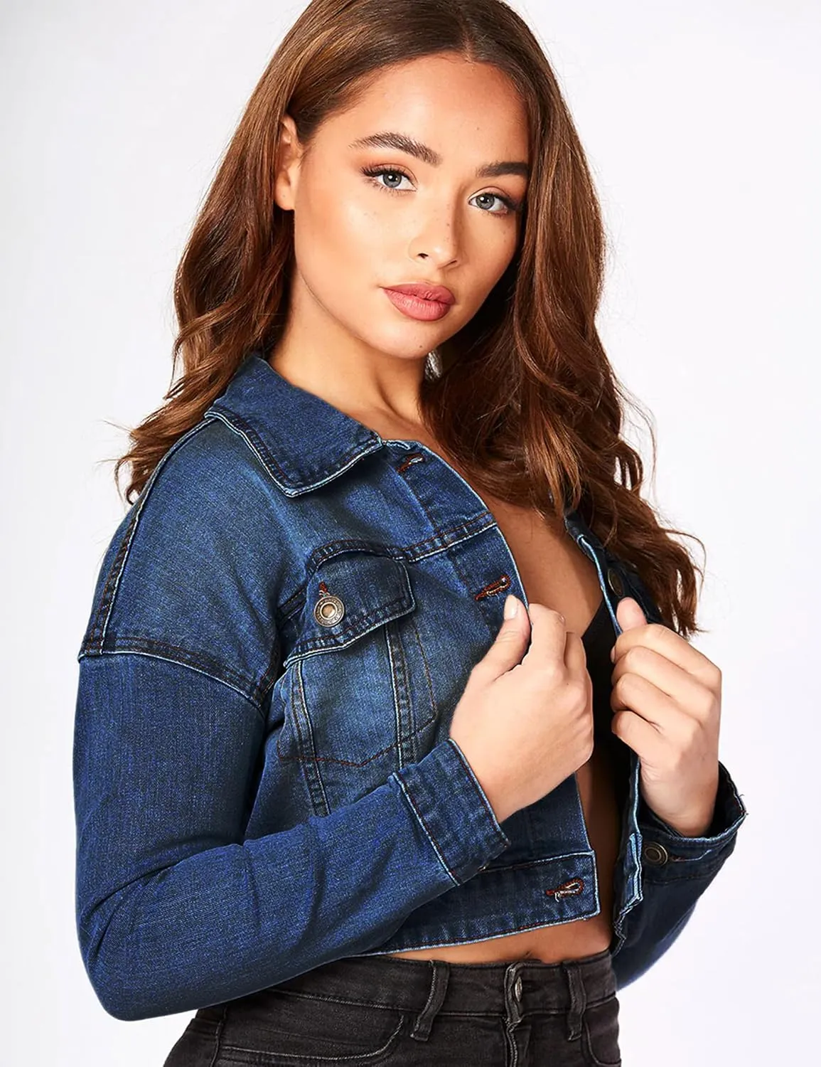 2025 Cropped Denim Jacket for Women Stretchy Fitted with 2 Pockets – Lightweight Trendy Short Jean Shacket
