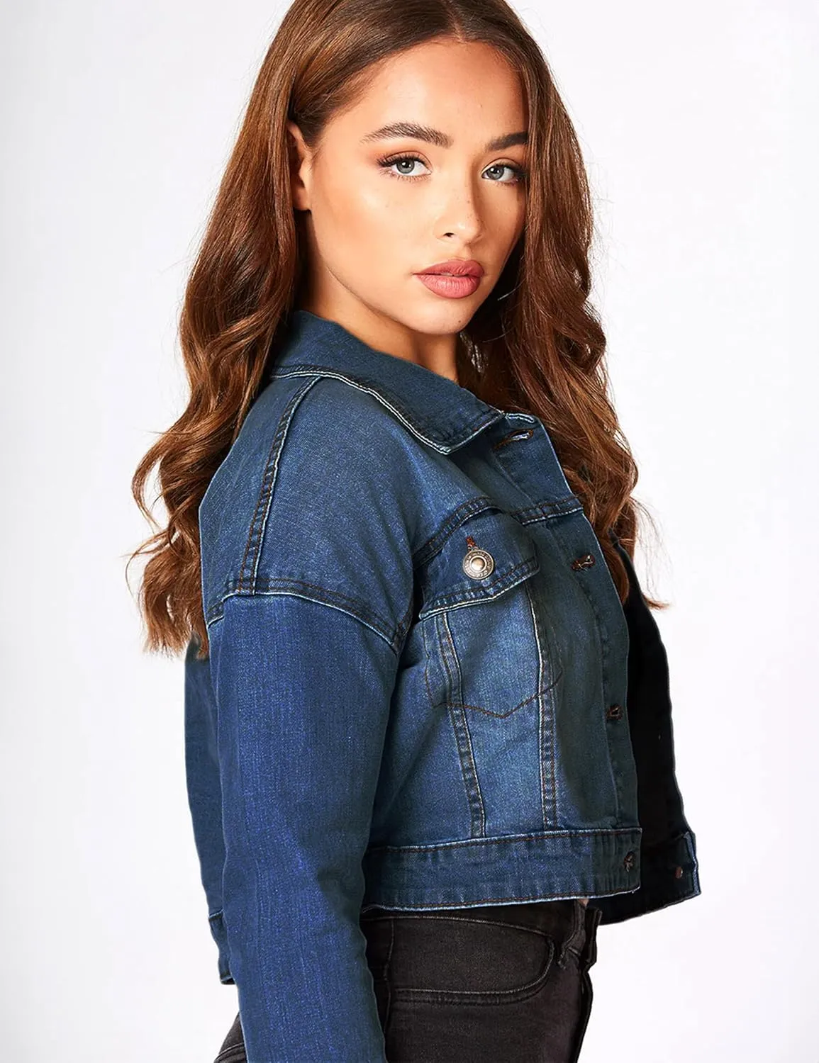 2025 Cropped Denim Jacket for Women Stretchy Fitted with 2 Pockets – Lightweight Trendy Short Jean Shacket