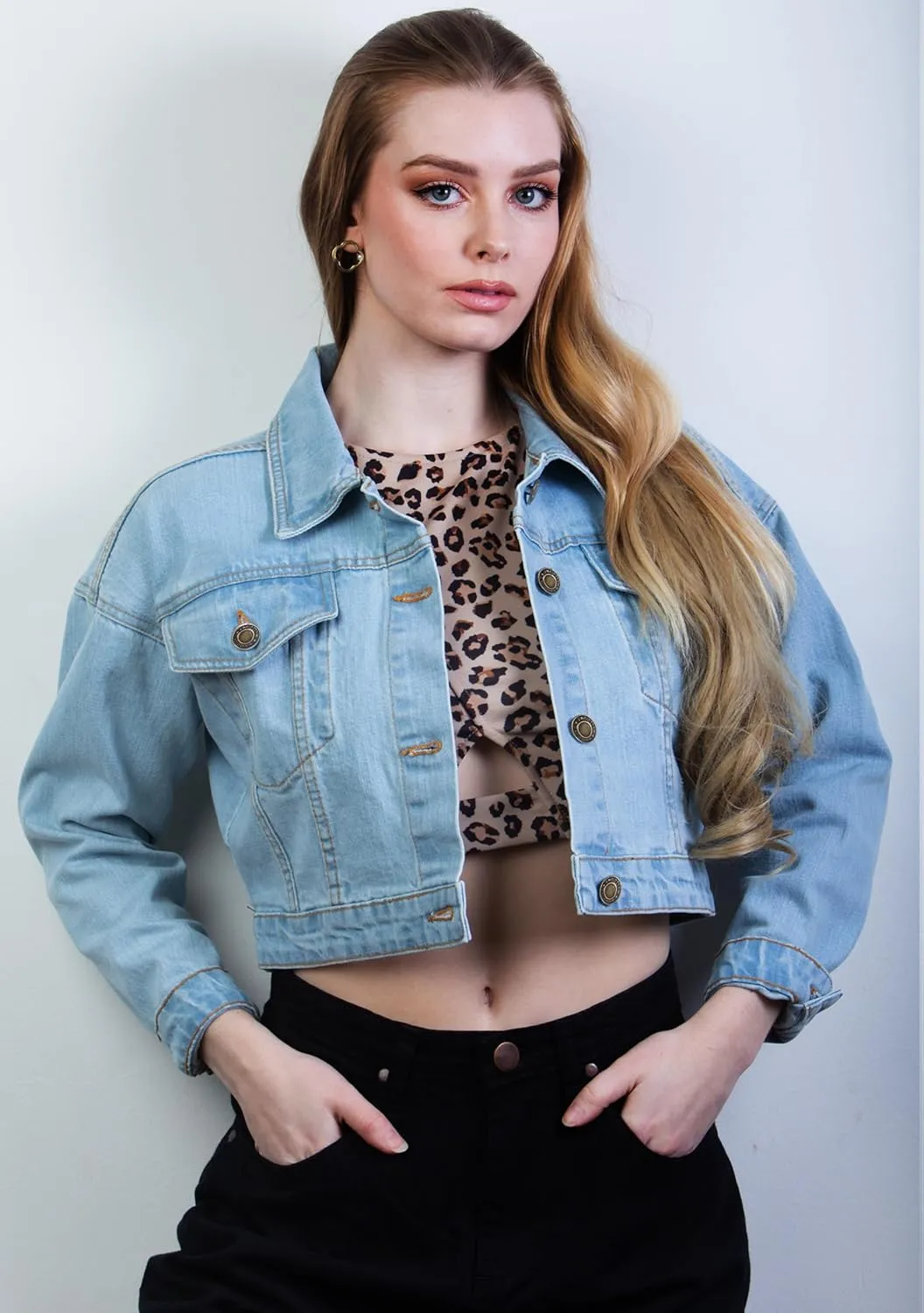 2025 Cropped Denim Jacket for Women Stretchy Fitted with 2 Pockets – Lightweight Trendy Short Jean Shacket