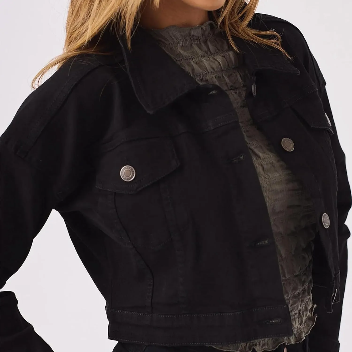 2025 Cropped Denim Jacket for Women Stretchy Fitted with 2 Pockets – Lightweight Trendy Short Jean Shacket