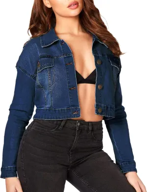 2025 Cropped Denim Jacket for Women Stretchy Fitted with 2 Pockets – Lightweight Trendy Short Jean Shacket