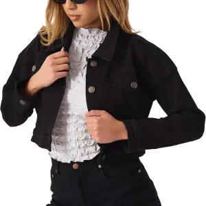 2025 Cropped Denim Jacket for Women Stretchy Fitted with 2 Pockets – Lightweight Trendy Short Jean Shacket