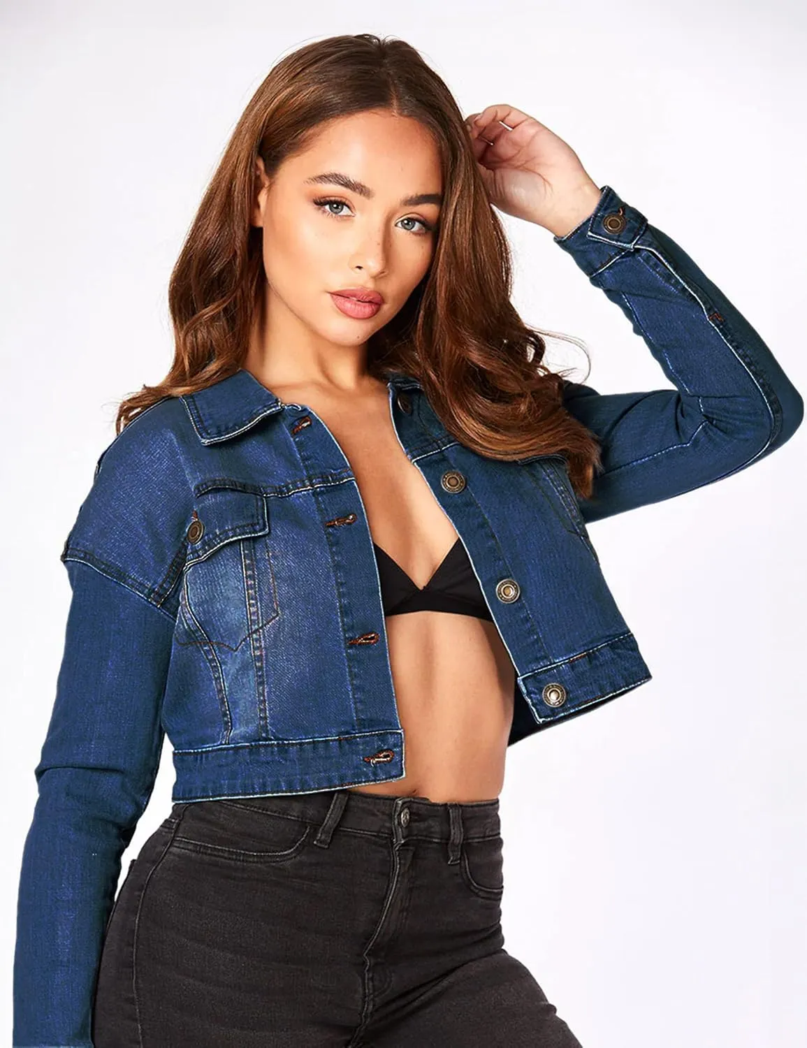 2025 Cropped Denim Jacket for Women Stretchy Fitted with 2 Pockets – Lightweight Trendy Short Jean Shacket