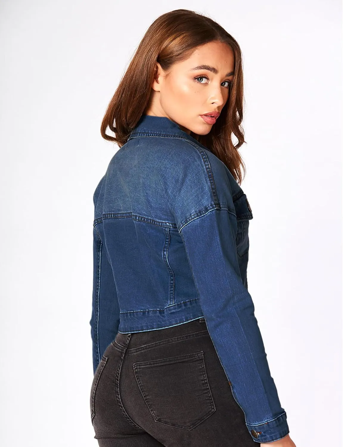 2025 Cropped Denim Jacket for Women Stretchy Fitted with 2 Pockets – Lightweight Trendy Short Jean Shacket