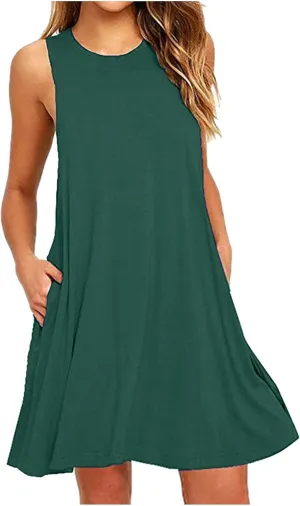 2025 Women Casual Pockets Sundress Sleeveless Loose Tank Mini Dress Swing Flowy Beach Sundresses Vacation Outfits