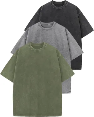 3 Pack Men Oversized T Shirts Cotton Tee Vintage Unisex Short Sleeves Casual Loose Wash Basic Streetwear Baggy Tops