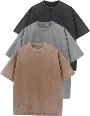 3 Pack Men Oversized T Shirts Cotton Tee Vintage Unisex Short Sleeves Casual Loose Wash Basic Streetwear Baggy Tops