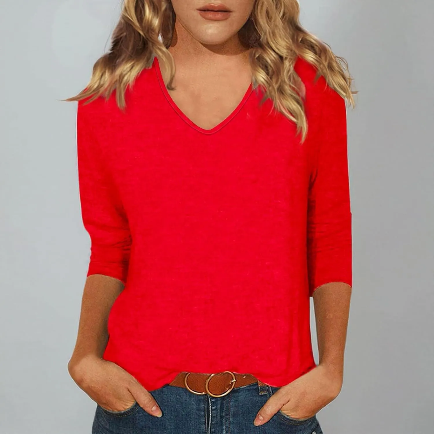 3/4 Sleeve Tops for Women,Casual Summer T Shirts Trendy V Neck Lightweight Soft Plain Tee Loose Fit Tunic Blouse