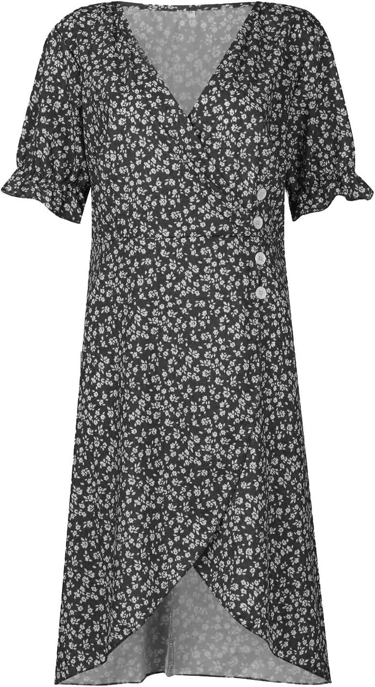 Beach Dresses for Women 2025 Vacation Spring Summer Boho Dress Short Sleeve V Neck Dresses Irregular Hem Midi Dress