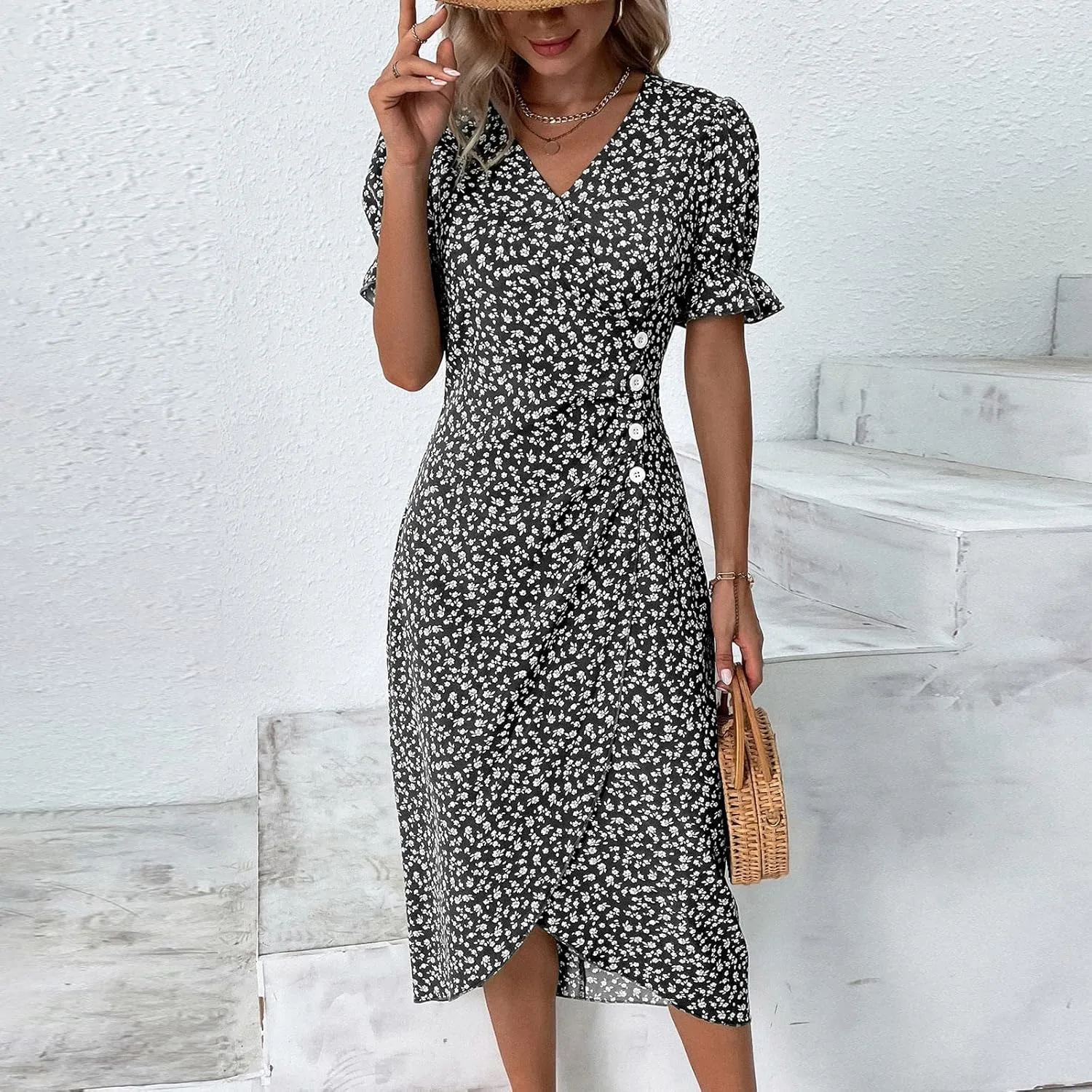 Beach Dresses for Women 2025 Vacation Spring Summer Boho Dress Short Sleeve V Neck Dresses Irregular Hem Midi Dress