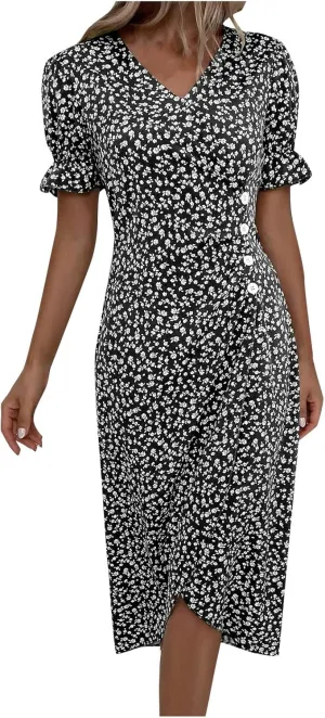 Beach Dresses for Women 2025 Vacation Spring Summer Boho Dress Short Sleeve V Neck Dresses Irregular Hem Midi Dress