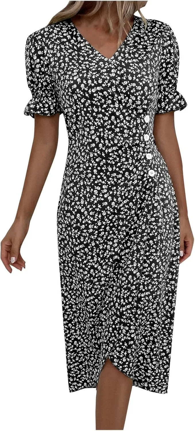 Beach Dresses for Women 2025 Vacation Spring Summer Boho Dress Short Sleeve V Neck Dresses Irregular Hem Midi Dress