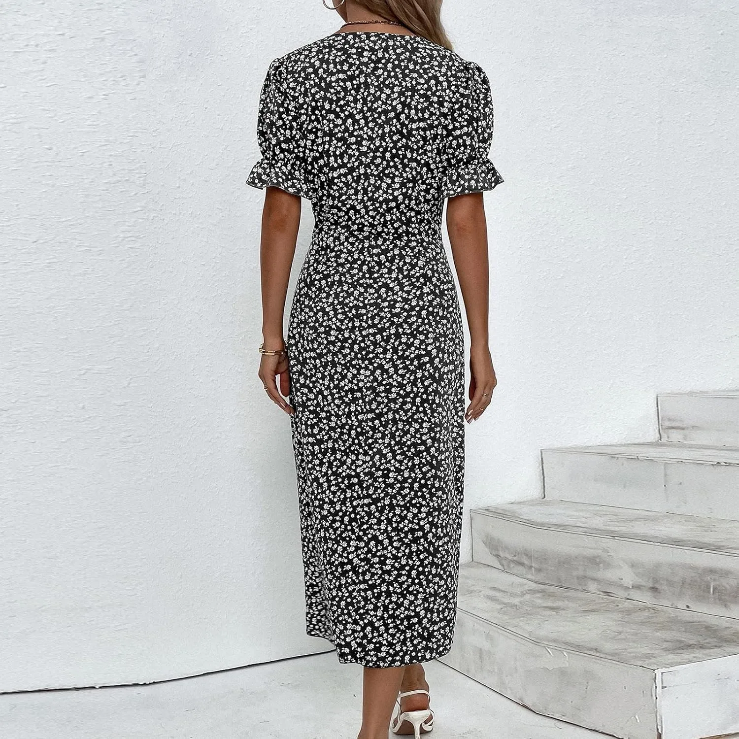Beach Dresses for Women 2025 Vacation Spring Summer Boho Dress Short Sleeve V Neck Dresses Irregular Hem Midi Dress