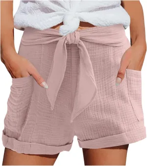 Beach Shorts for Women, Summer Casual Yoga Comfy Shorts Drawstring Elastic Waist Lightweight Straight Shorts with Pocket