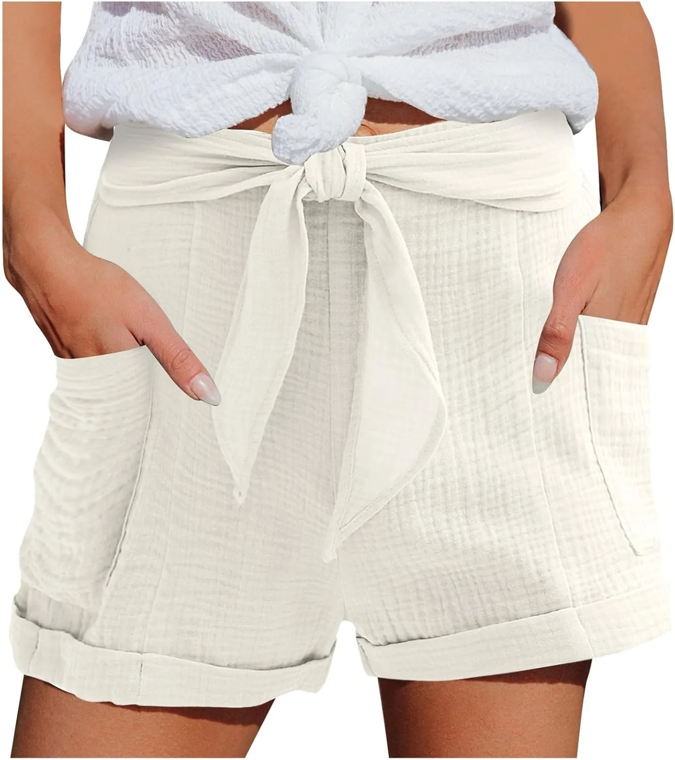 Beach Shorts for Women, Summer Casual Yoga Comfy Shorts Drawstring Elastic Waist Lightweight Straight Shorts with Pocket