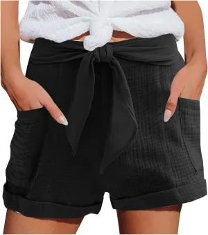 Beach Shorts for Women, Summer Casual Yoga Comfy Shorts Drawstring Elastic Waist Lightweight Straight Shorts with Pocket