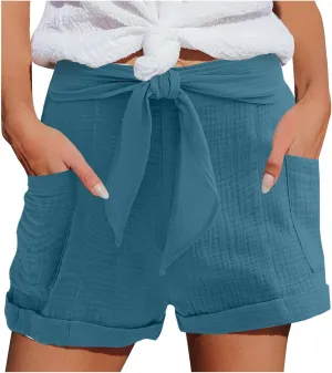 Beach Shorts for Women, Summer Casual Yoga Comfy Shorts Drawstring Elastic Waist Lightweight Straight Shorts with Pocket