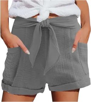 Beach Shorts for Women, Summer Casual Yoga Comfy Shorts Drawstring Elastic Waist Lightweight Straight Shorts with Pocket