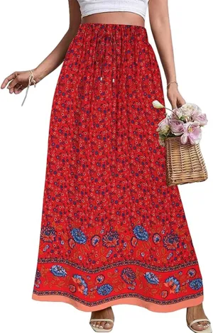 Beach Women's Skirts, Casual Vacation Boho Flowy Maxi Summer Womens Skirts