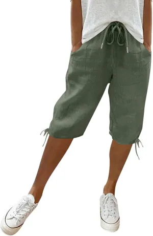 Bermuda Shorts for Women Knee Length Elastic Waist Drawstring Linen Shorts Lightweight Summer Long Shorts with Pockets