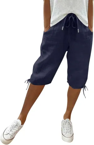 Bermuda Shorts for Women Knee Length Elastic Waist Drawstring Linen Shorts Lightweight Summer Long Shorts with Pockets