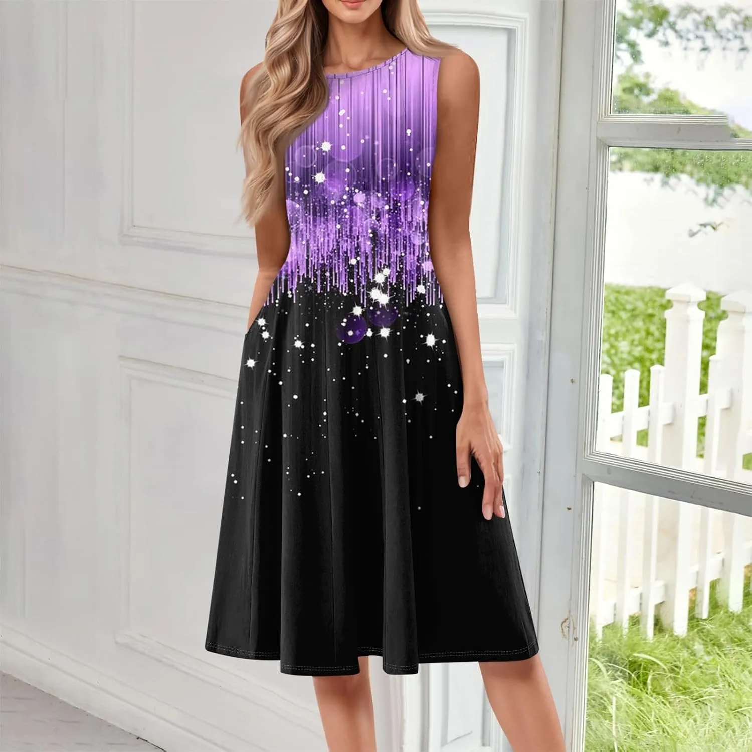 Boho Dress Summer Tank Top Dresses Sun Dresses Smocked Sleeveless Floral Dress Elegant Ruched Midi with Pocket