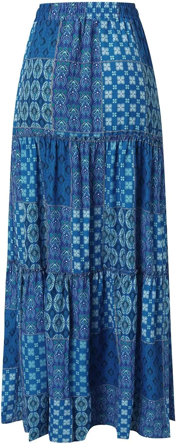 Boho Floral Maxi Skirt Women Elastic High Waist Tiered Pleated Flowy Long Skirt Summer Casual Beach with Pockets