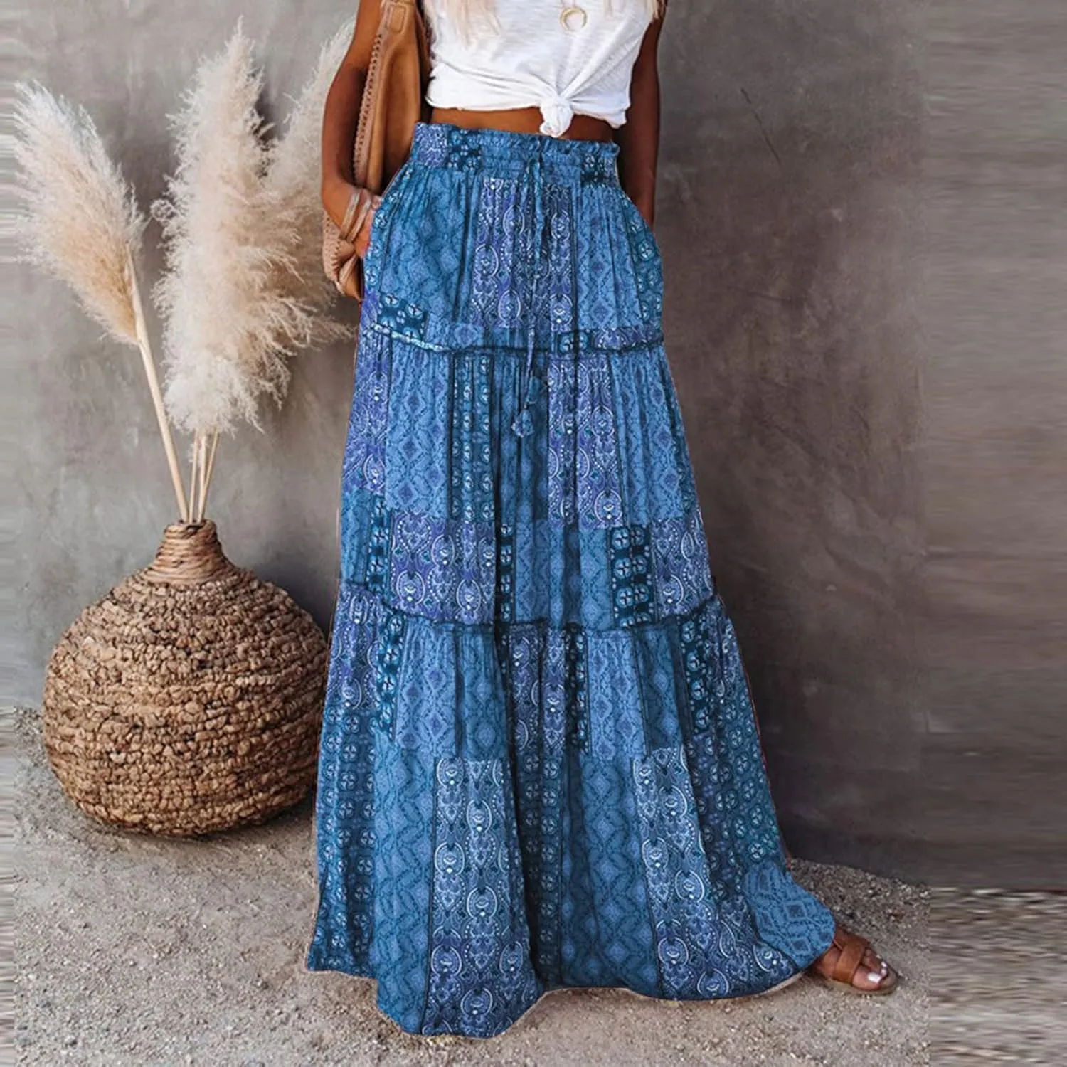 Boho Floral Maxi Skirt Women Elastic High Waist Tiered Pleated Flowy Long Skirt Summer Casual Beach with Pockets