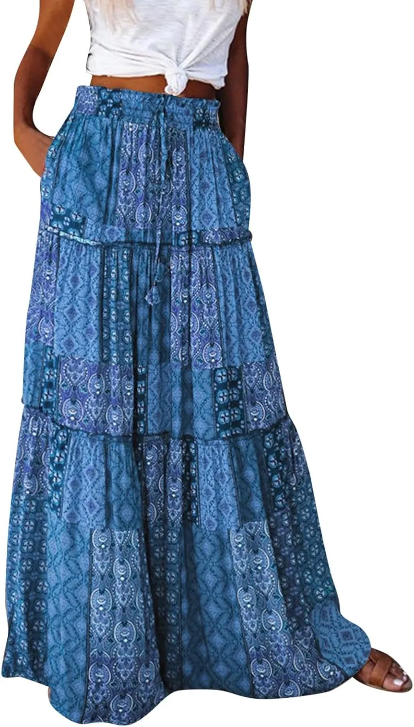 Boho Floral Maxi Skirt Women Elastic High Waist Tiered Pleated Flowy Long Skirt Summer Casual Beach with Pockets