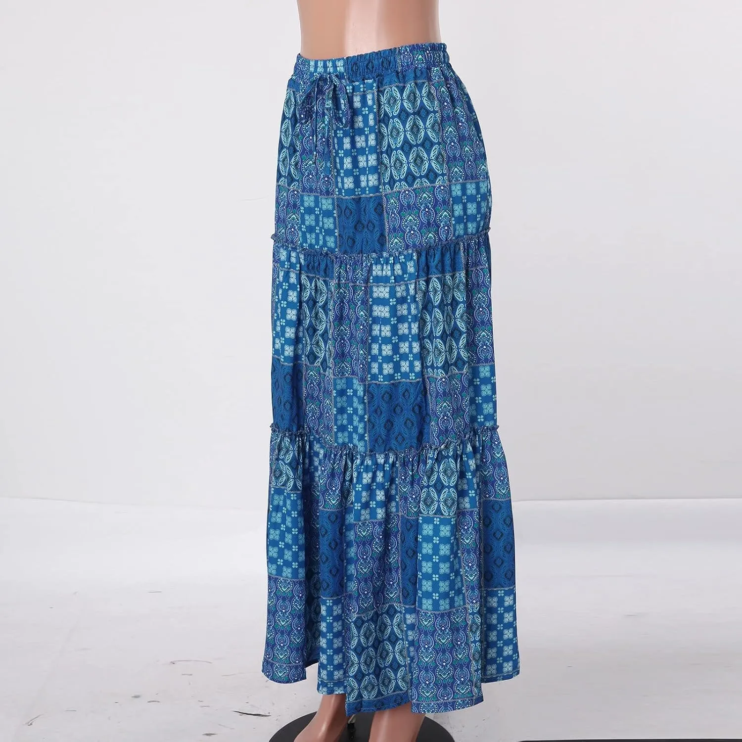 Boho Floral Maxi Skirt Women Elastic High Waist Tiered Pleated Flowy Long Skirt Summer Casual Beach with Pockets