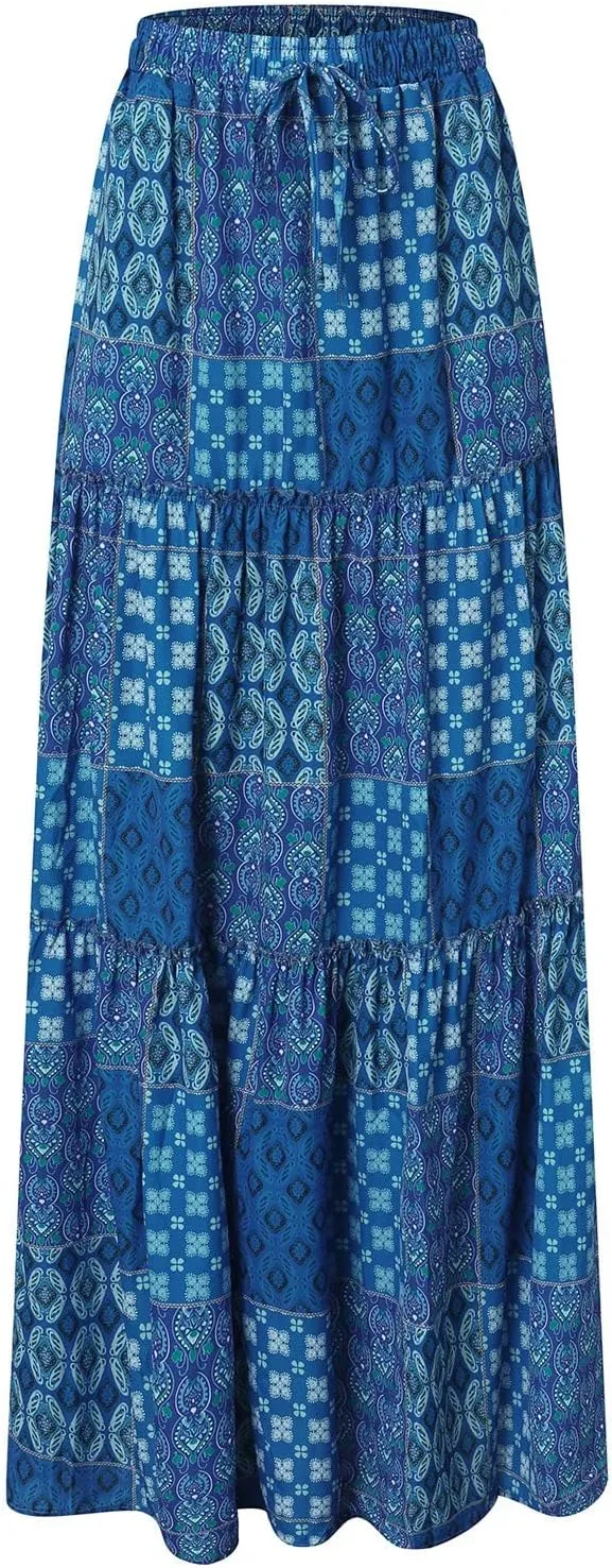 Boho Floral Maxi Skirt Women Elastic High Waist Tiered Pleated Flowy Long Skirt Summer Casual Beach with Pockets