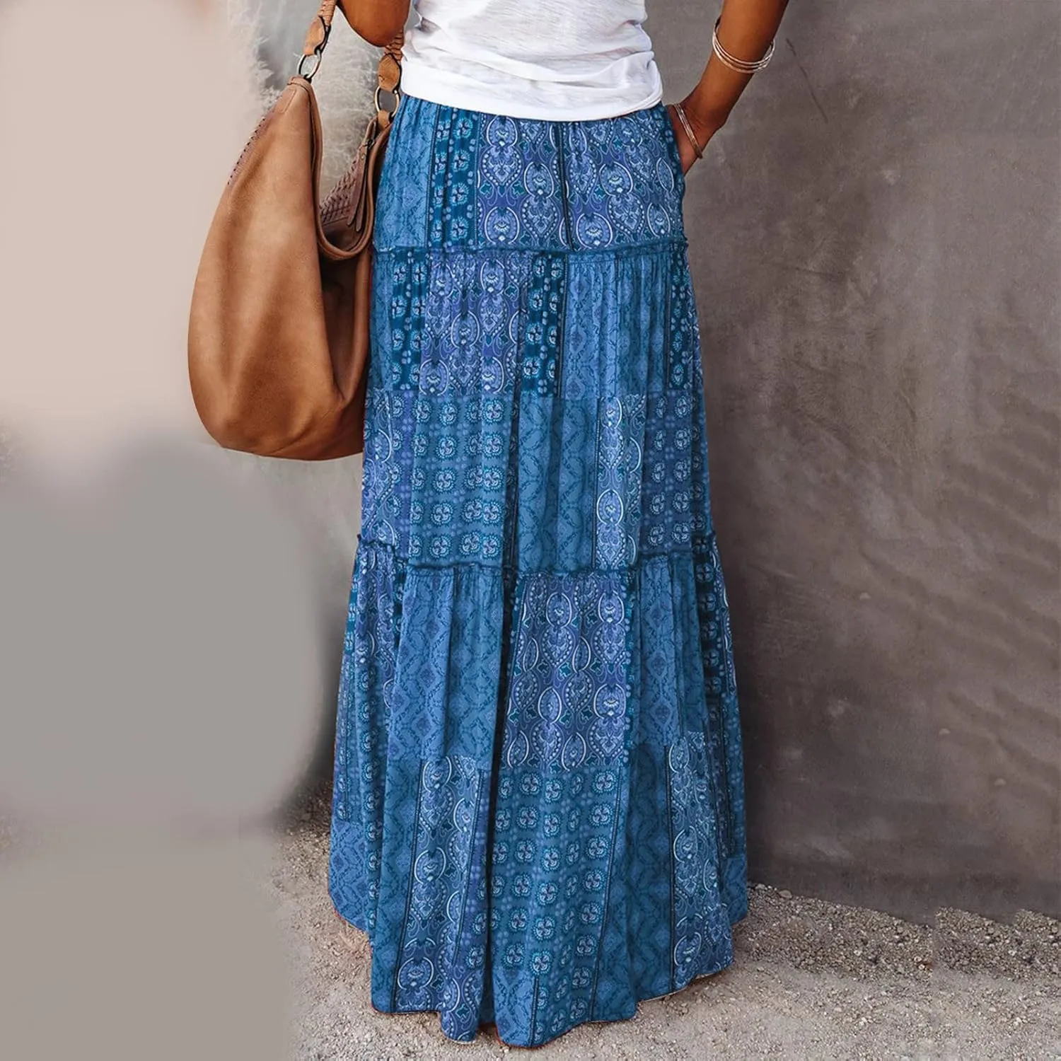 Boho Floral Maxi Skirt Women Elastic High Waist Tiered Pleated Flowy Long Skirt Summer Casual Beach with Pockets