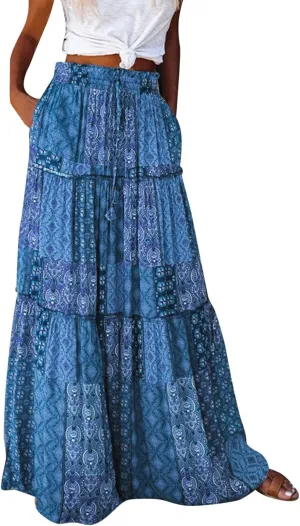 Boho Floral Maxi Skirt Women Elastic High Waist Tiered Pleated Flowy Long Skirt Summer Casual Beach with Pockets