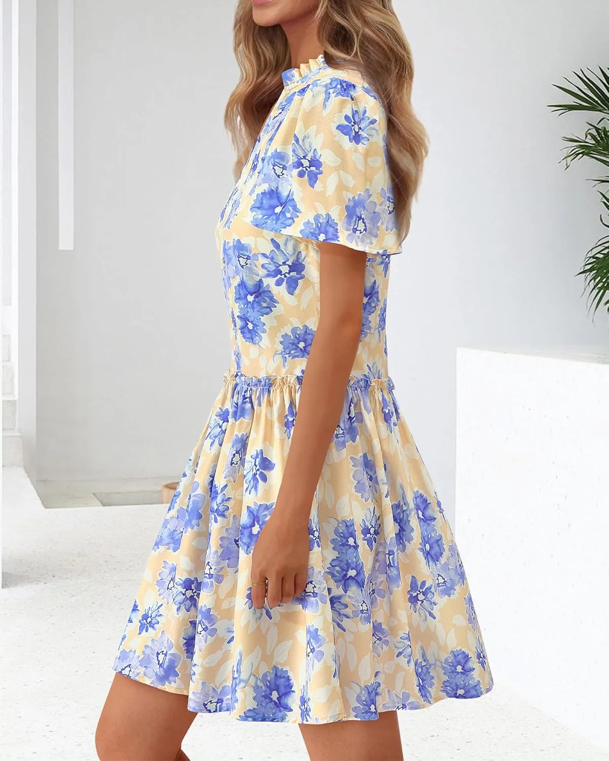BTFBM Women Summer Dresses 2025 Short Sleeve V Neck Tiered Ruffle Boho Swing Dress A-Line Floral Mini Dresses