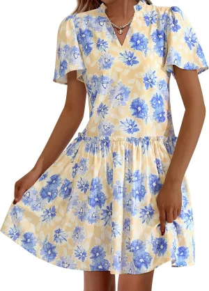 BTFBM Women Summer Dresses 2025 Short Sleeve V Neck Tiered Ruffle Boho Swing Dress A-Line Floral Mini Dresses