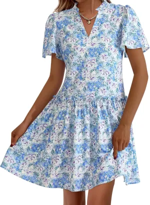 BTFBM Women Summer Dresses 2025 Short Sleeve V Neck Tiered Ruffle Boho Swing Dress A-Line Floral Mini Dresses
