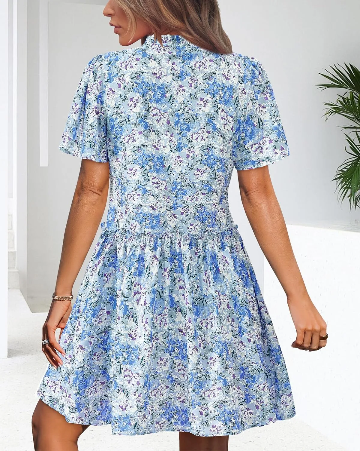 BTFBM Women Summer Dresses 2025 Short Sleeve V Neck Tiered Ruffle Boho Swing Dress A-Line Floral Mini Dresses