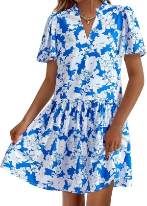 BTFBM Women Summer Dresses 2025 Short Sleeve V Neck Tiered Ruffle Boho Swing Dress A-Line Floral Mini Dresses