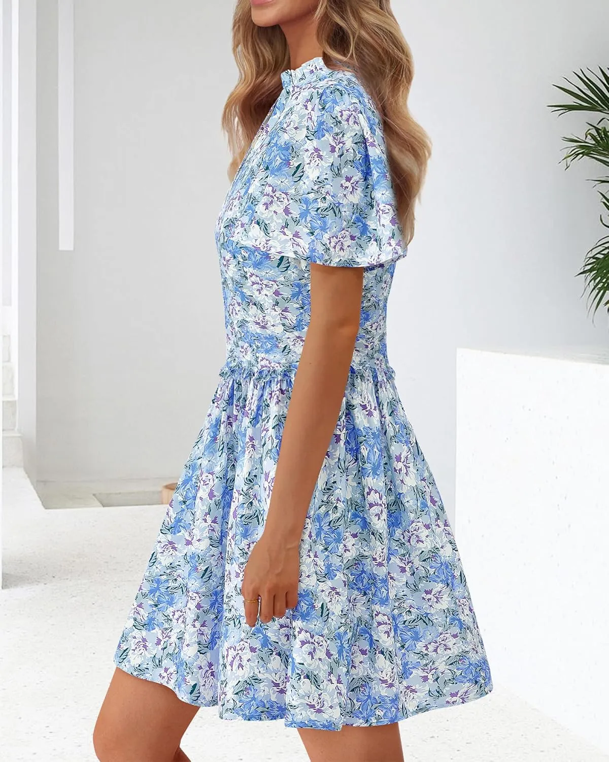BTFBM Women Summer Dresses 2025 Short Sleeve V Neck Tiered Ruffle Boho Swing Dress A-Line Floral Mini Dresses