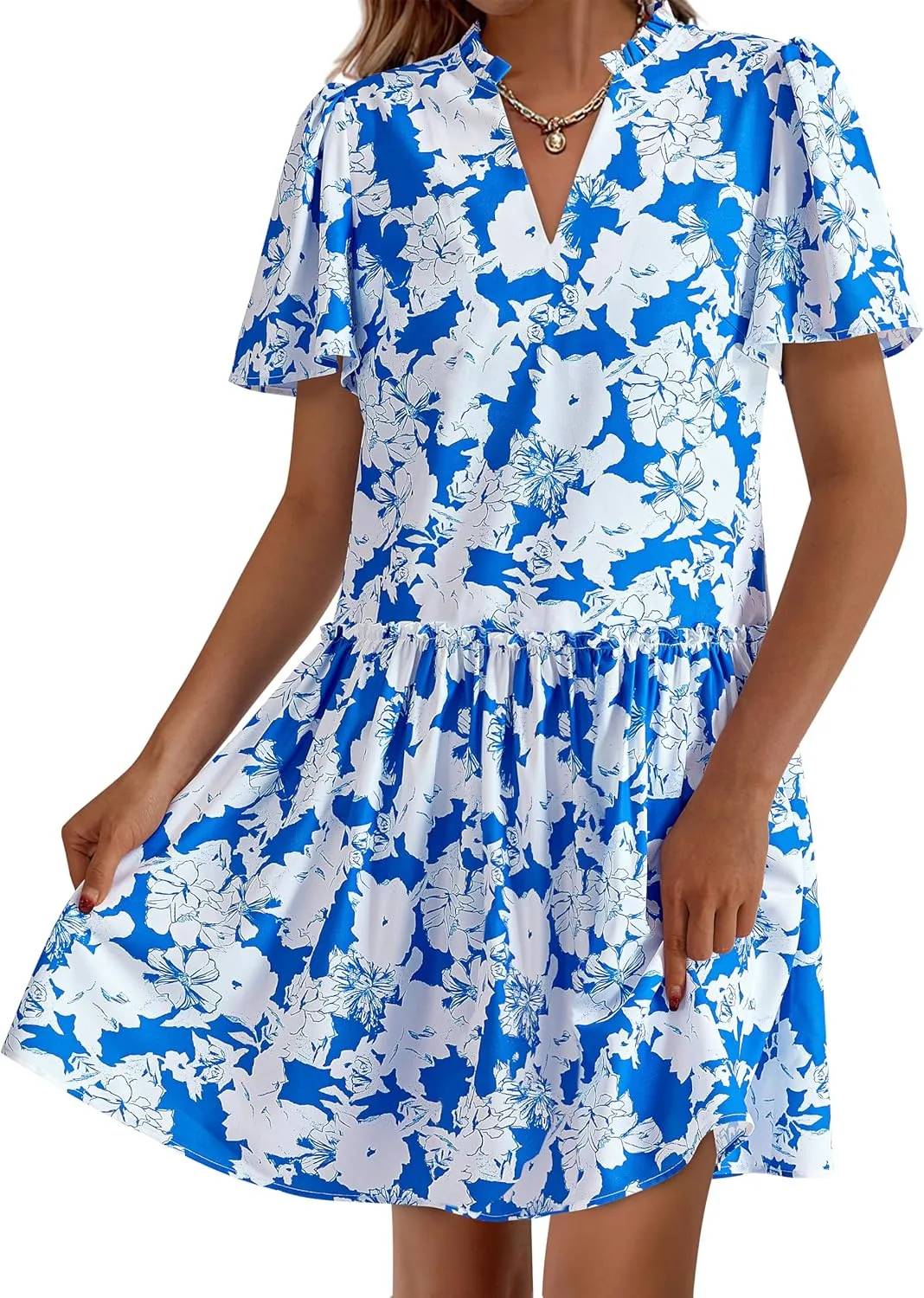BTFBM Women Summer Dresses 2025 Short Sleeve V Neck Tiered Ruffle Boho Swing Dress A-Line Floral Mini Dresses