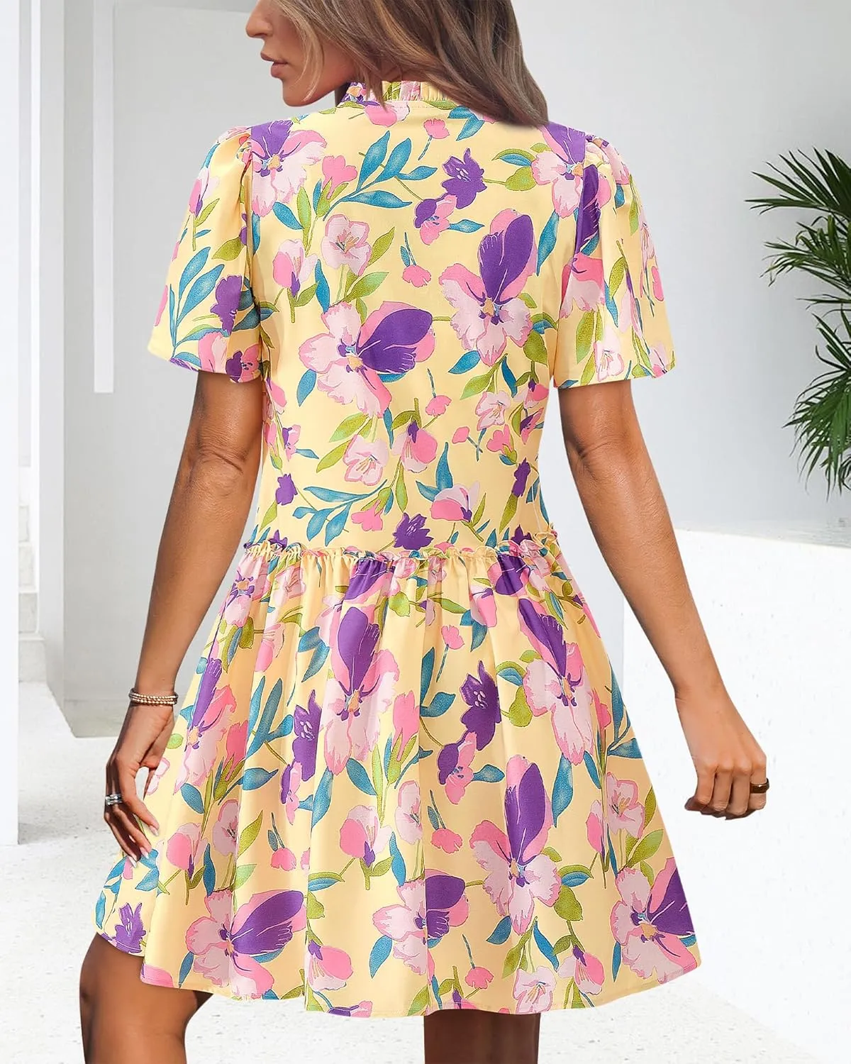 BTFBM Women Summer Dresses 2025 Short Sleeve V Neck Tiered Ruffle Boho Swing Dress A-Line Floral Mini Dresses