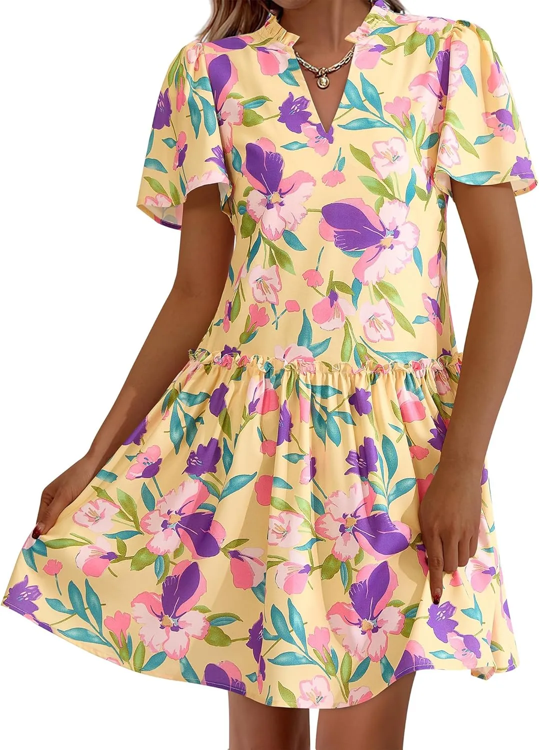 BTFBM Women Summer Dresses 2025 Short Sleeve V Neck Tiered Ruffle Boho Swing Dress A-Line Floral Mini Dresses