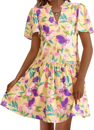 BTFBM Women Summer Dresses 2025 Short Sleeve V Neck Tiered Ruffle Boho Swing Dress A-Line Floral Mini Dresses