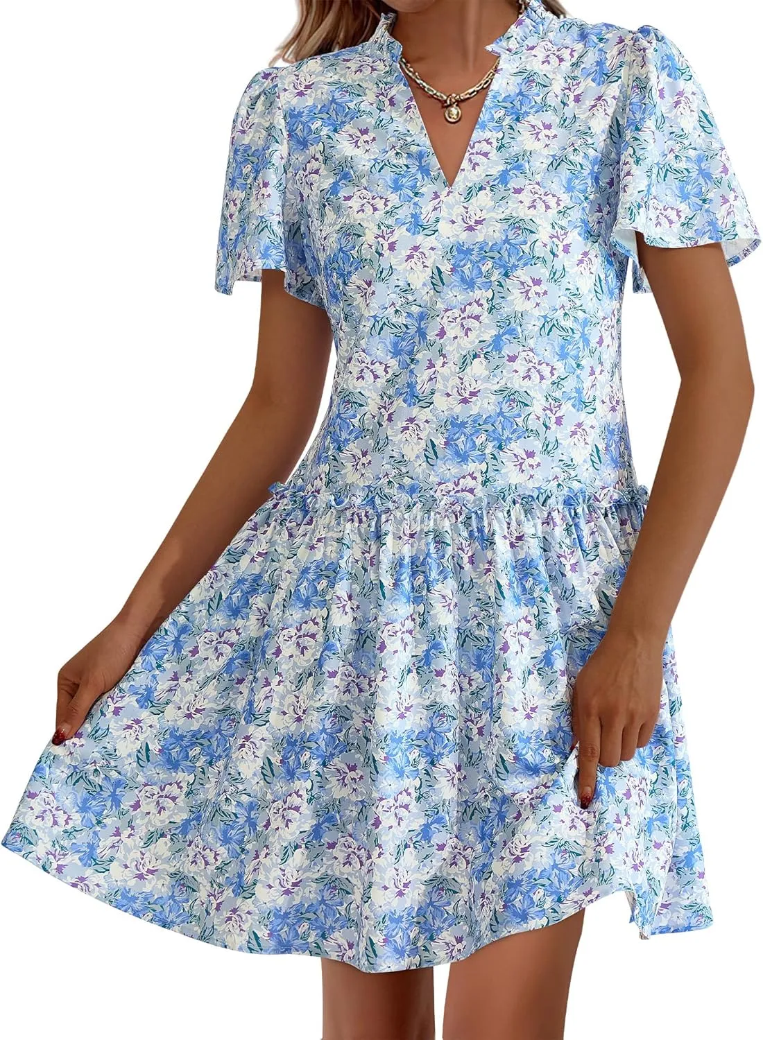 BTFBM Women Summer Dresses 2025 Short Sleeve V Neck Tiered Ruffle Boho Swing Dress A-Line Floral Mini Dresses