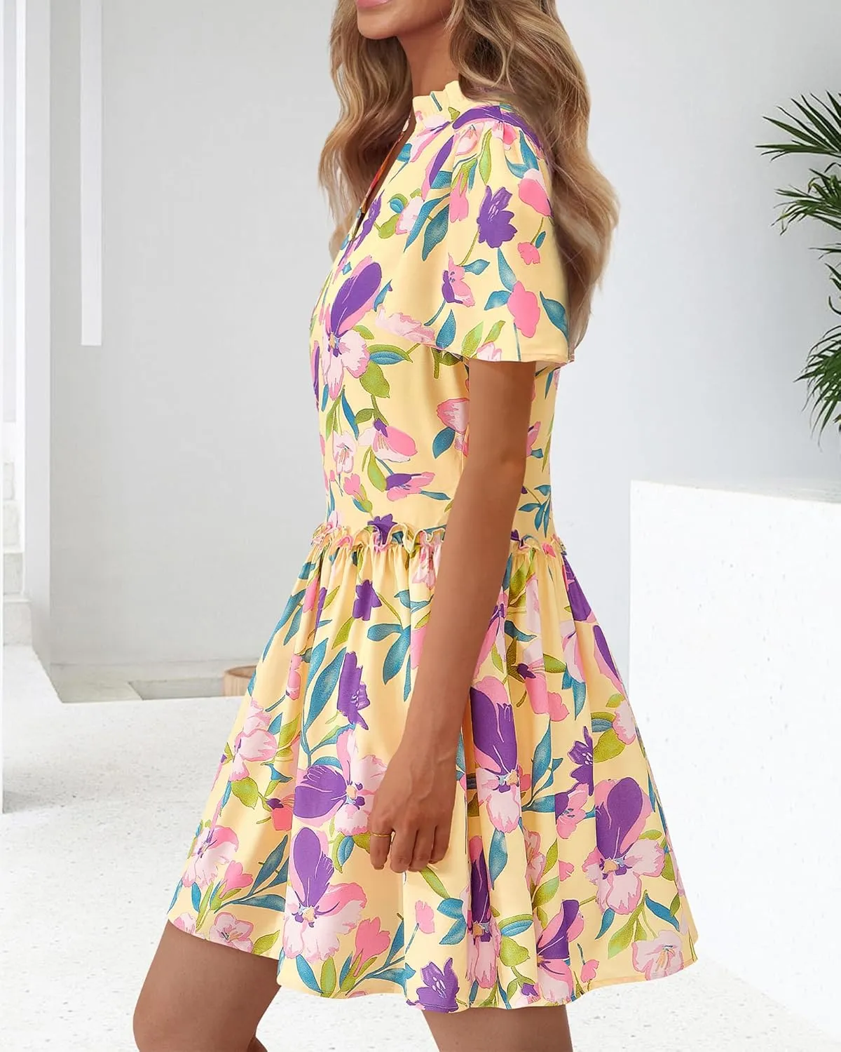 BTFBM Women Summer Dresses 2025 Short Sleeve V Neck Tiered Ruffle Boho Swing Dress A-Line Floral Mini Dresses