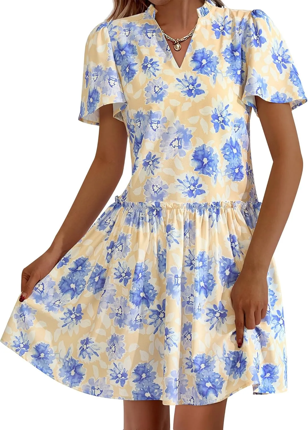 BTFBM Women Summer Dresses 2025 Short Sleeve V Neck Tiered Ruffle Boho Swing Dress A-Line Floral Mini Dresses