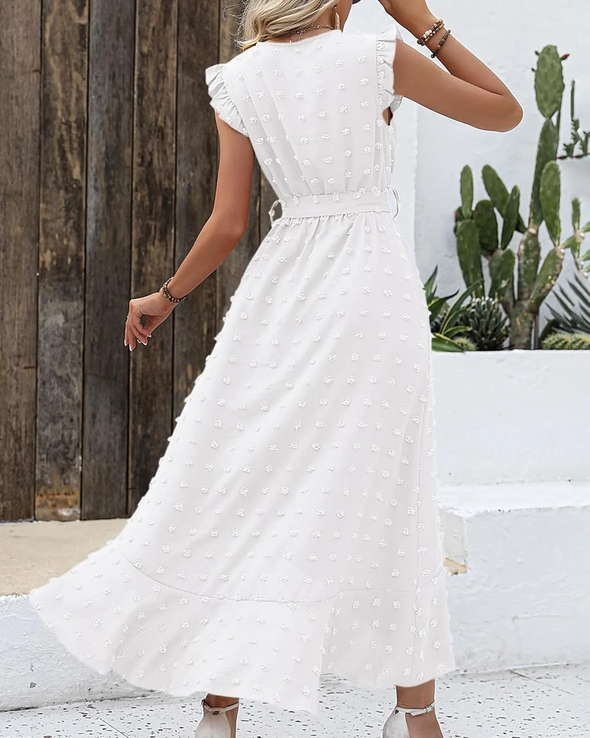 BTFBM Women V Neck Summer Dress 2025 Cap Sleeve Swiss Dot Boho Flowy Ruffle Slit Beach Party Long Maxi Cocktail Dresses