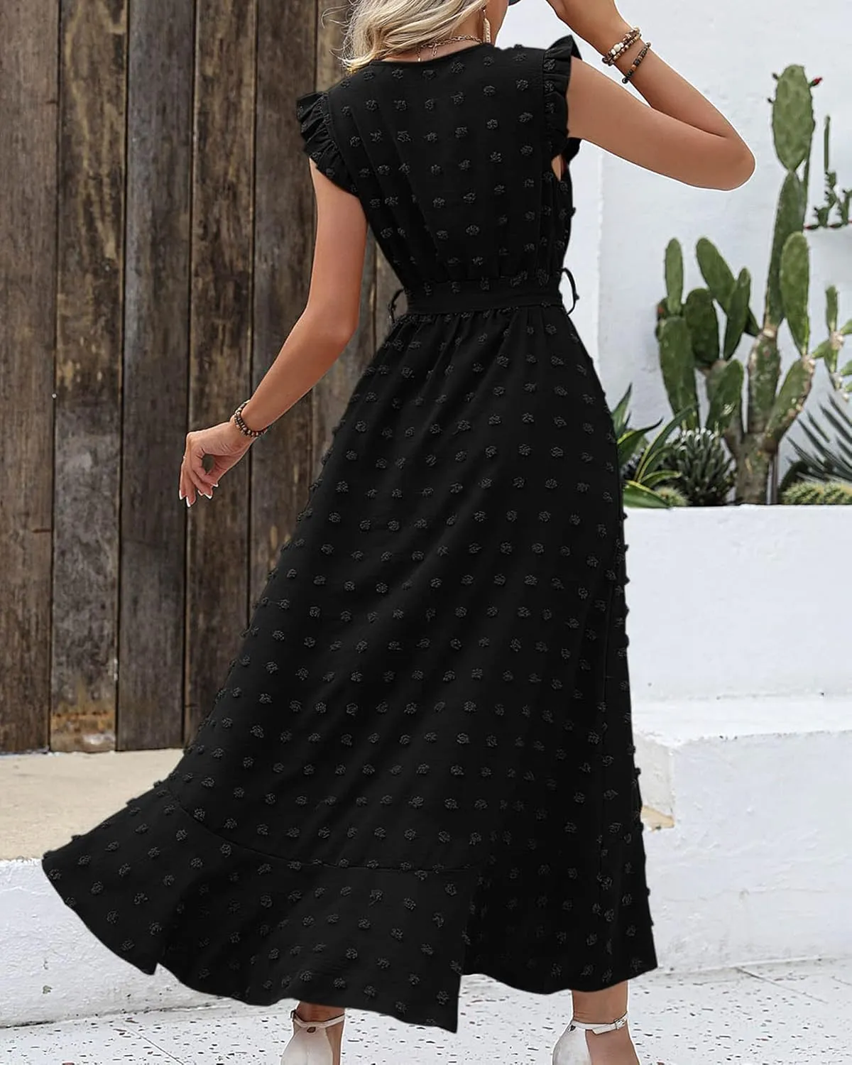 BTFBM Women V Neck Summer Dress 2025 Cap Sleeve Swiss Dot Boho Flowy Ruffle Slit Beach Party Long Maxi Cocktail Dresses