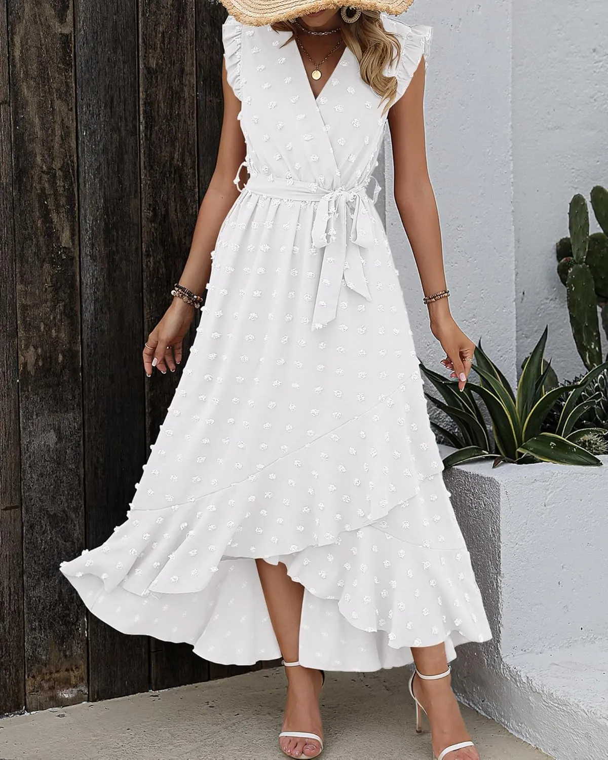 BTFBM Women V Neck Summer Dress 2025 Cap Sleeve Swiss Dot Boho Flowy Ruffle Slit Beach Party Long Maxi Cocktail Dresses