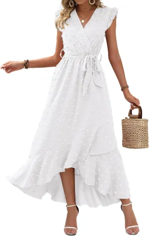 BTFBM Women V Neck Summer Dress 2025 Cap Sleeve Swiss Dot Boho Flowy Ruffle Slit Beach Party Long Maxi Cocktail Dresses